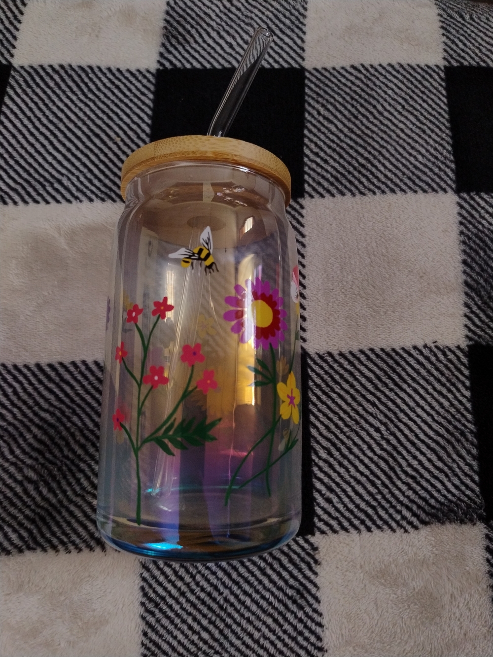 Floral Bee Iridescent Glass Tumbler with Bamboo Lid